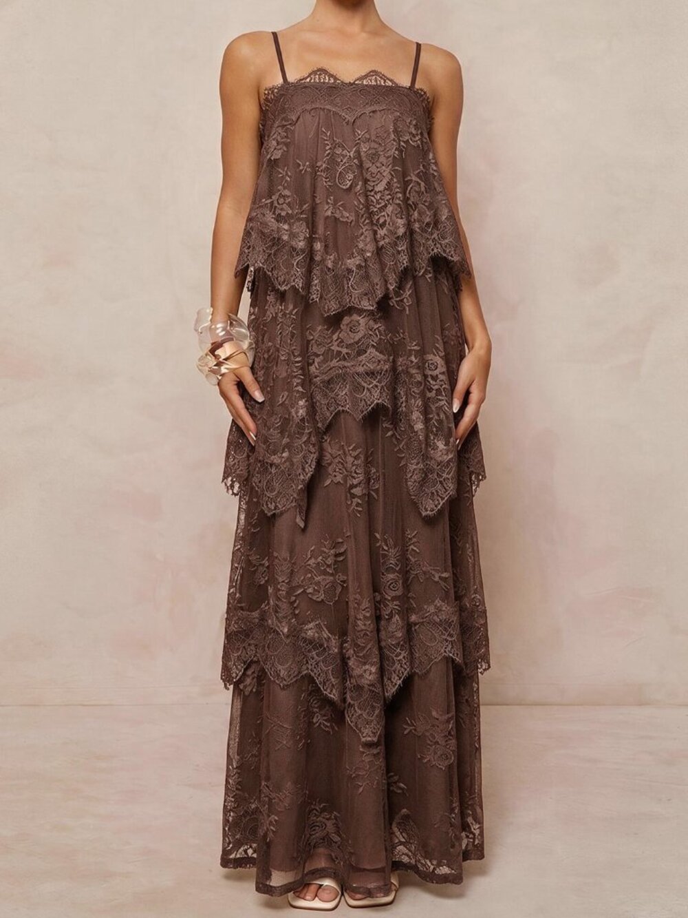 Brown Party Women's Chiffon Ruched Contrast Lace Tiered Maxi Dress - Picture 4 of 5